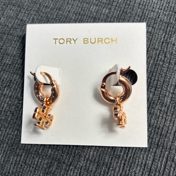 TORY BURCH ROSE GOLD KIRA LOGO HUGGIE HOOP EARRINGS - Picture 8 of 10